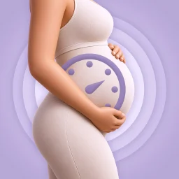 Popzy app icon: a pregnant woman holding her bump, with a violet clock face on it