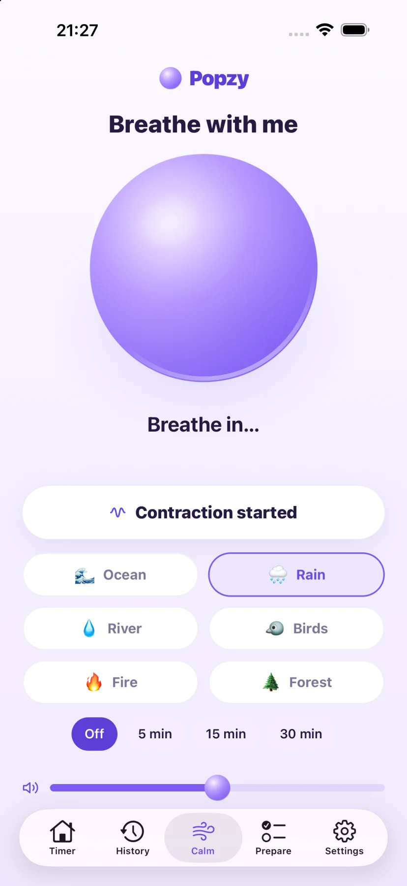Popzy Calm screen: a breathing bubble, a contraction button and calming sounds such as ocean and rain